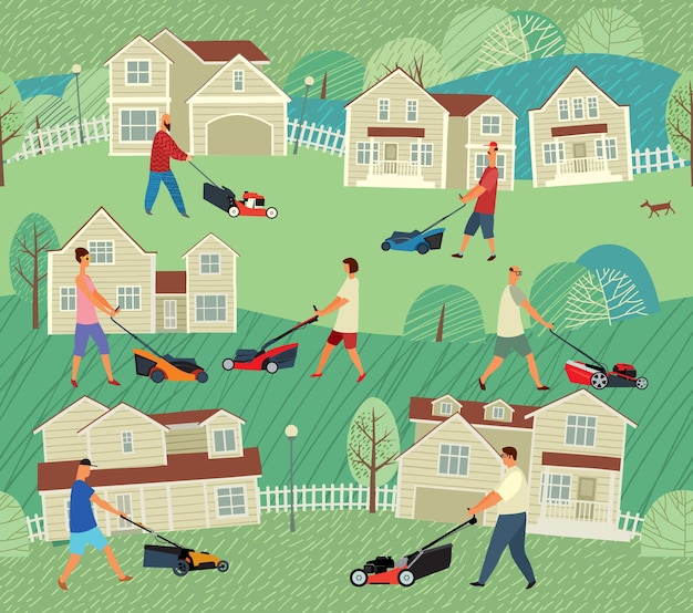 Seamless pattern Different people mow grass with lawn mowers near houses