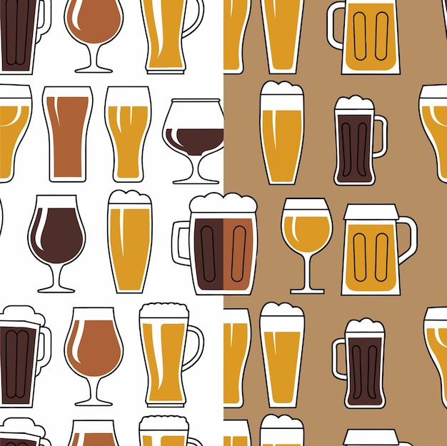 A seamless pattern of different types of beer glasses and mugs in a minimalist style