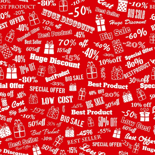 Seamless pattern on discounts and special offers made of inscriptions and gift boxes white on red