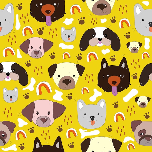 Seamless pattern dogs and footprints with yellow background Seamless wallpaper Flat vector illustration