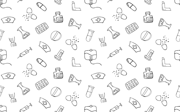 seamless pattern doodle drawings medical equipment first aid items Doodle seamless pattern