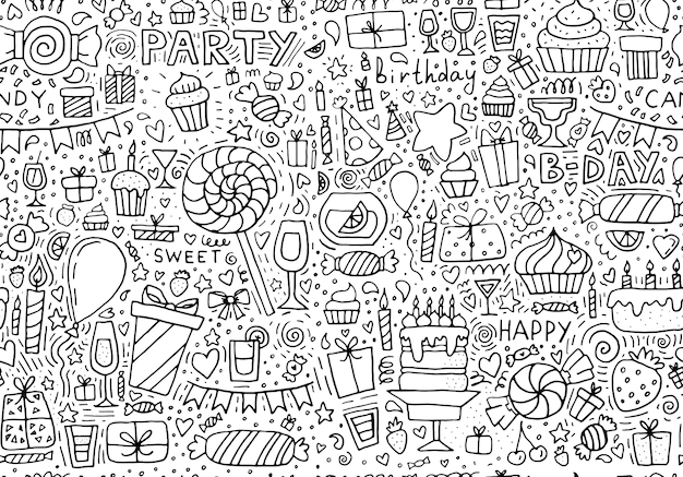 Seamless pattern of doodle happy birthday party Hand drawn background