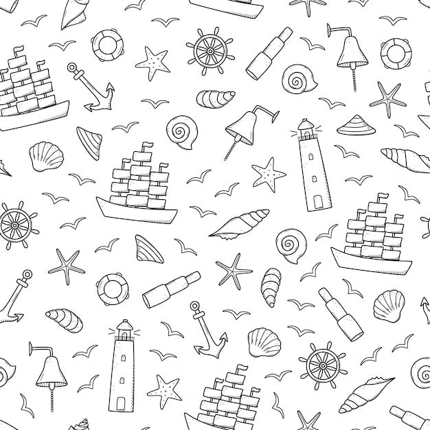 Seamless pattern doodle icons of sea life Ship telescope shells lifebuoy anchor steering wheel bull lighthouse and seagulls Vector illustration symbols of sailors or pirates