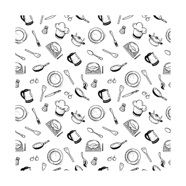 seamless pattern doodle kitchen line art in black white