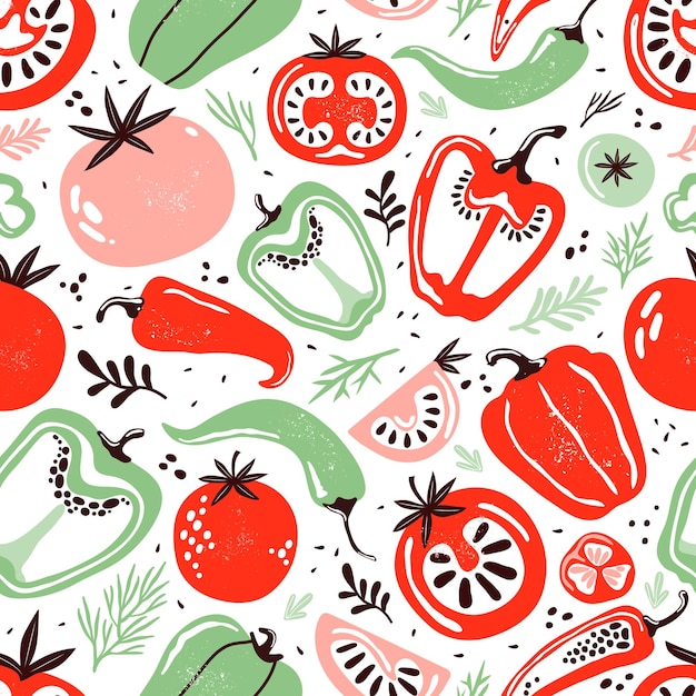 Seamless pattern doodle vegetables on white background Red and green pepper hot chili tomatoes jalapeno paprika seeds herbs Vegetables cut half piece Farm products Hand drawn illustration