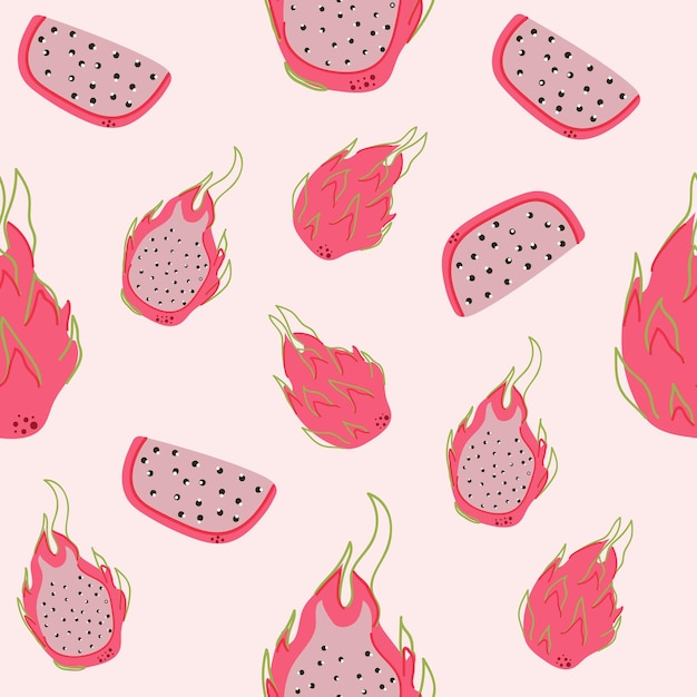 Seamless pattern of dragon fruit on pink background Flat illustration