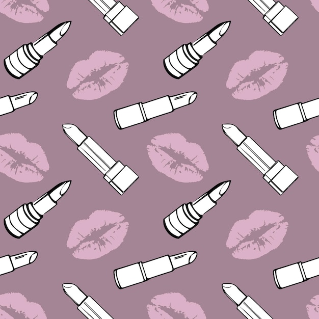 Seamless pattern, drawn contour cosmetics lipsticks and lip prints. Makeup background, textile