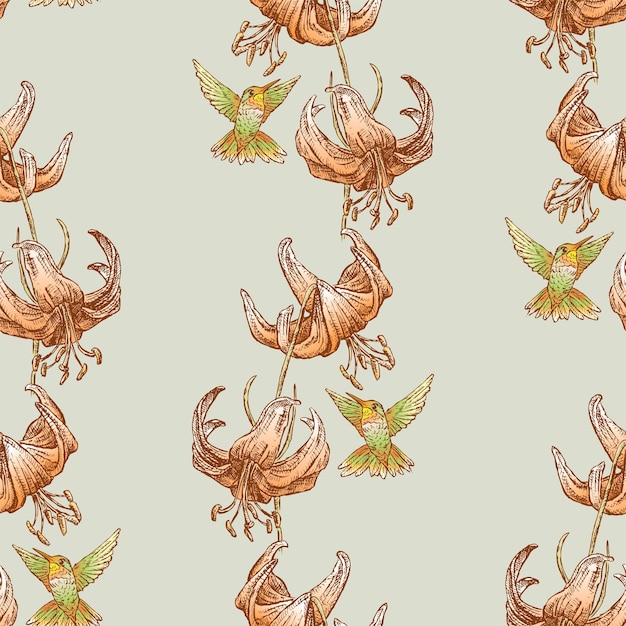 Seamless pattern of drawn garden lilies and flying hummingbirds