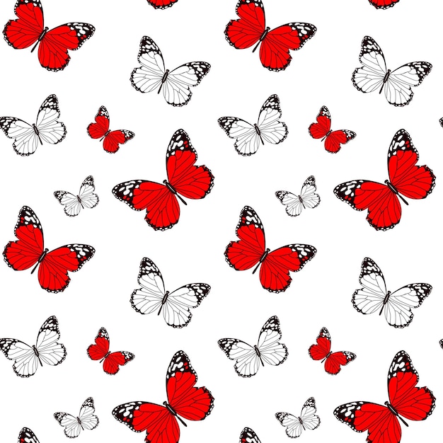 Seamless pattern drawn white and red butterflies on a white background