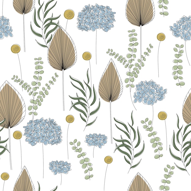 Seamless pattern of dry flowers, palm leaves, hydrangea, craspedia, eucalyptus. Linear minimalistic