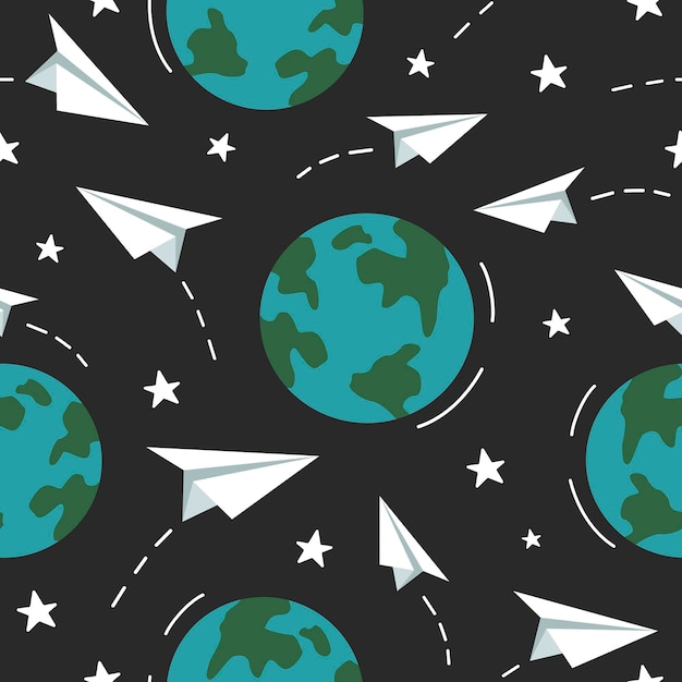 Seamless pattern of earth planets and paper planes Simple vector illustration