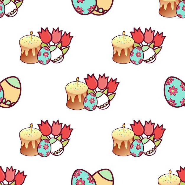 Seamless pattern Easter cake eggs with an ornament and a bouquet of tulip