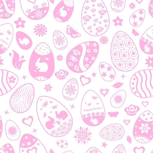 Seamless pattern of Easter eggs with ornaments, pink on white