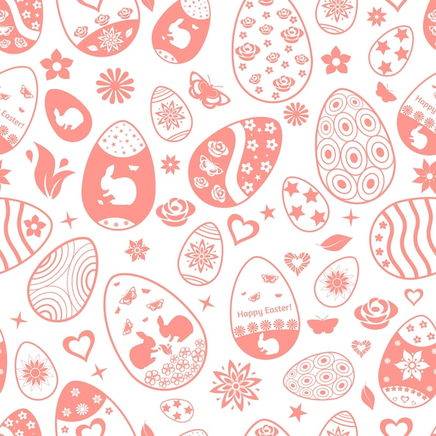 Seamless pattern of Easter eggs with ornaments red on white