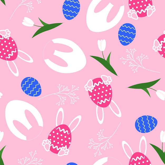 Seamless pattern for Easter holiday.  Pattern with symbol Easter as bunny, egg, spring flowers.