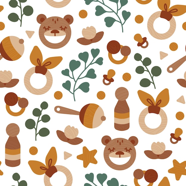 Seamless pattern Eco wooden baby toys with eucalyptus leaves Neutral colors