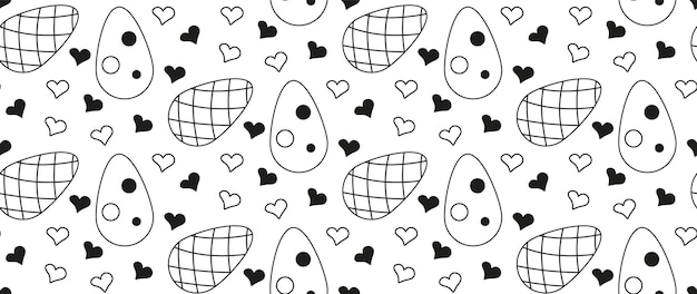 Seamless pattern eggs Easter and hearts Doodle Black and white Geometric vector illustration