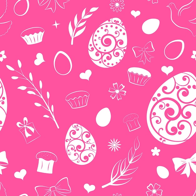 Seamless pattern of eggs flowers cake gift box and other Easter symbols white on pink