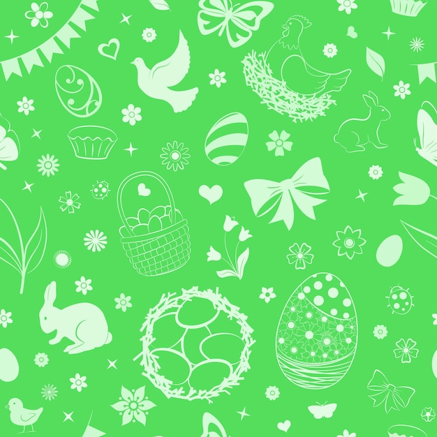 Seamless pattern of eggs flowers cakes hare hen chicken and other Easter symbols in green colors