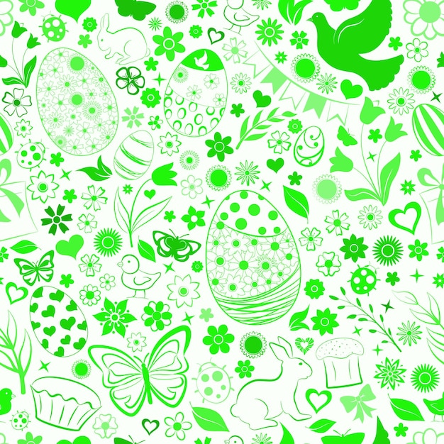 Seamless pattern of eggs flowers cakes hare hen chicken and other Easter symbols green on white