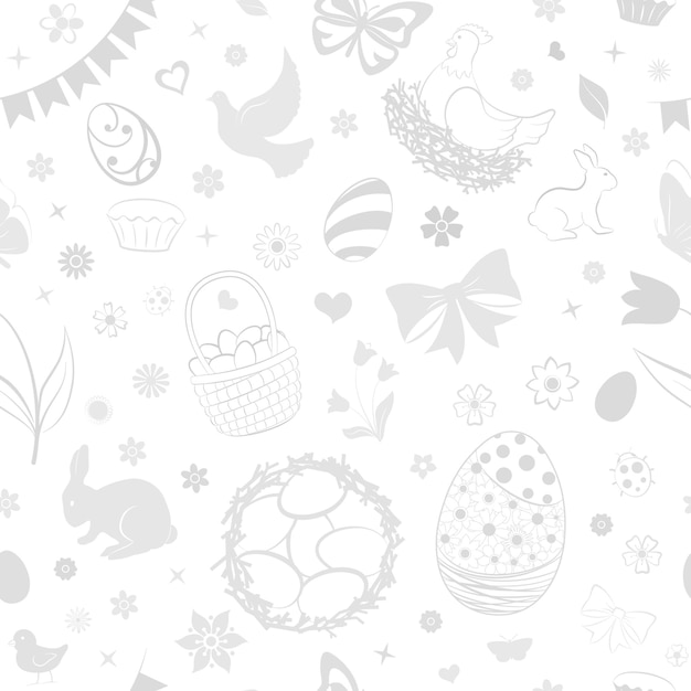 Seamless pattern of eggs, flowers, cakes, hare, hen, chicken and other Easter symbols in white and gray colors