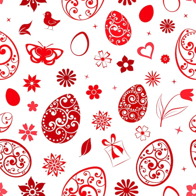 Seamless pattern of eggs, flowers, gift box, chicken and other Easter symbols, red on white