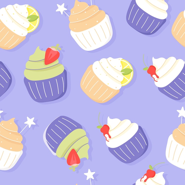 Seamless pattern elicious cupcake. Dessert vector illustration design.