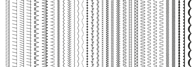 Seamless pattern embroidery stitches Overlock fabric elements Sewing seams Set of machine thread sew brushes