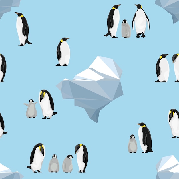 Seamless pattern. Emperor penguins on a blue background. Icebergs