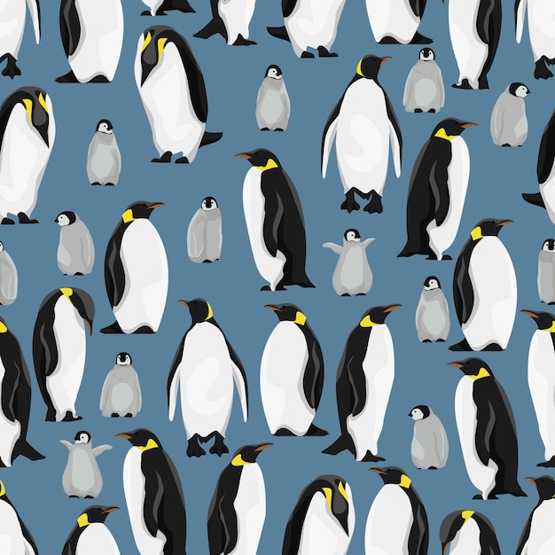 Seamless pattern. Emperor penguins and their chicks in different poses on a blue background.