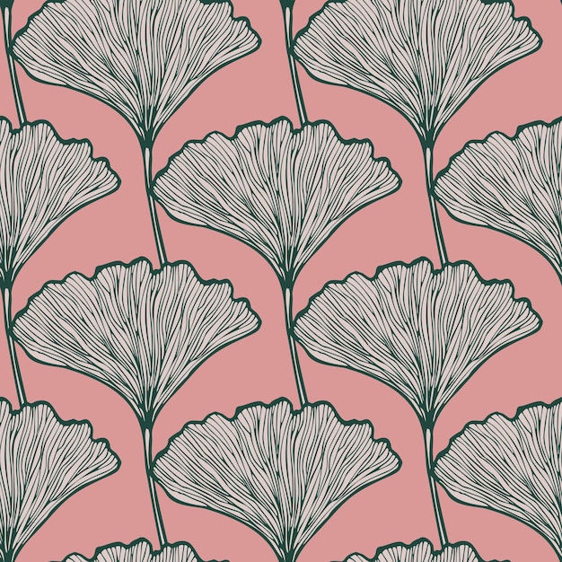 Seamless pattern engraved leaves Ginkgo Biloba Vintage background botanical with foliage in hand drawn style