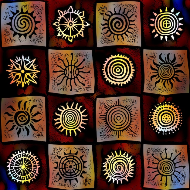 Seamless pattern ethnic background sun symbols