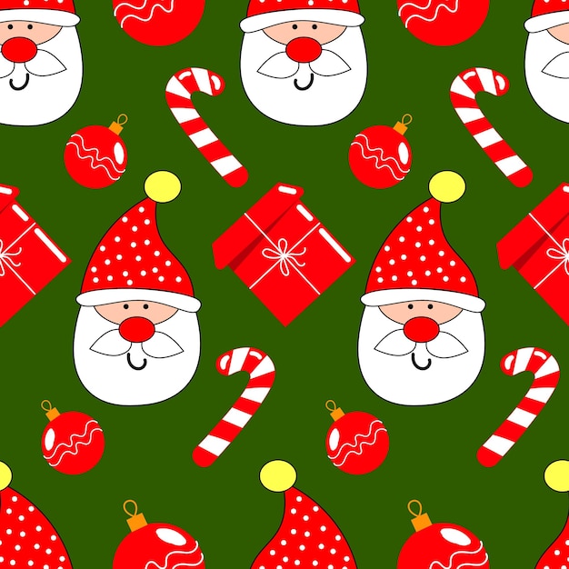 Seamless pattern, face of funny Santa Claus, candies and Christmas balls on a green background.