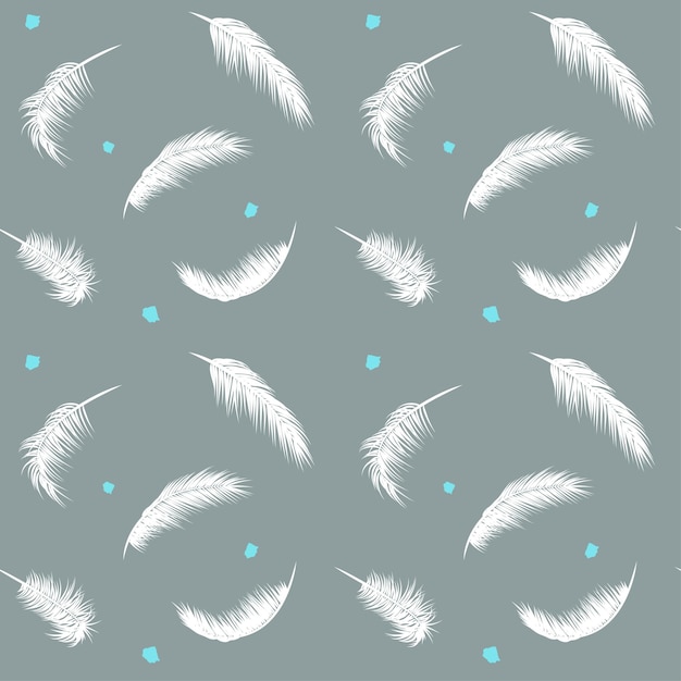 Seamless pattern falling feathers on a gray background.