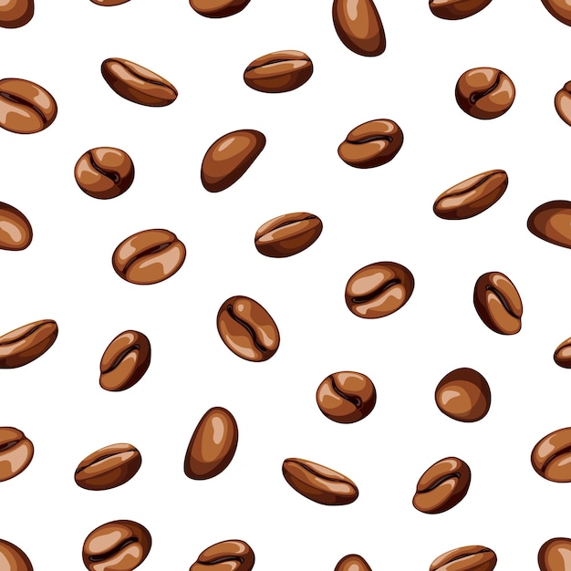 Seamless pattern of falling roasted coffee beans on a white background