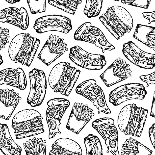 seamless pattern of fast food in drawing style