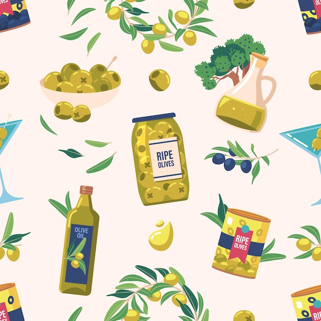 Vector seamless pattern features various olive products such as oil leaves and fruits cartoon vector illustration