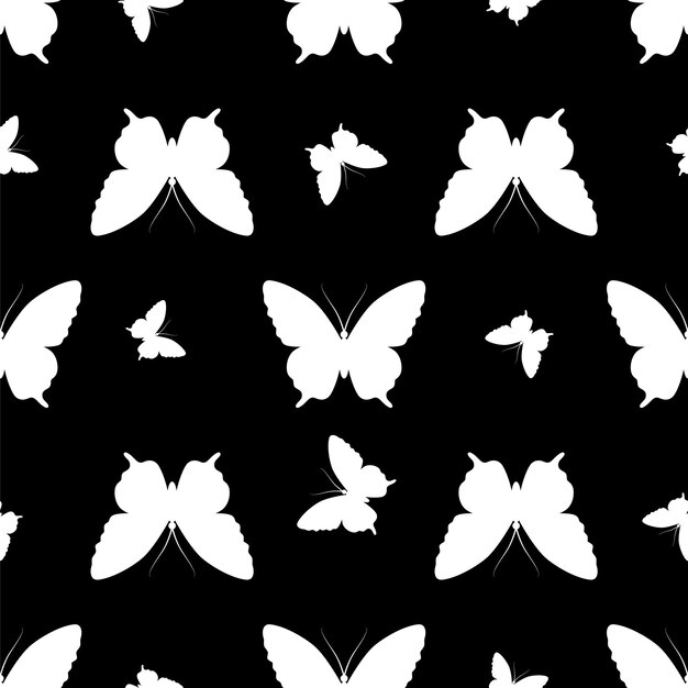 Vector seamless pattern featuring a black butterfly silhouette against a black background