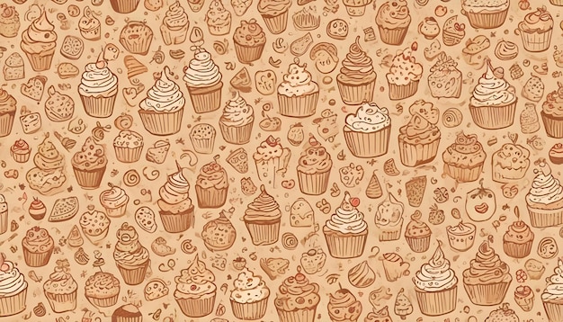 Vector a seamless pattern featuring handdrawn illustrations of various cupcakes with different flavors and toppings the background is a light brown paper texture