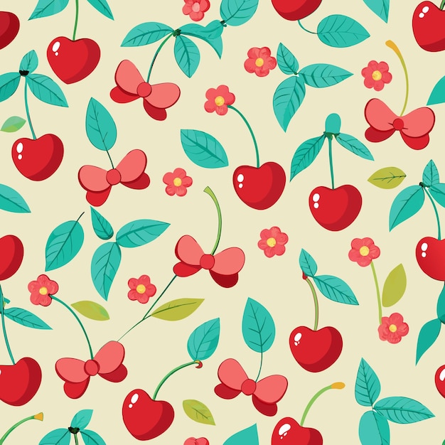 Vector a seamless pattern featuring red cherries pink bows and green leaves on a light yellow background