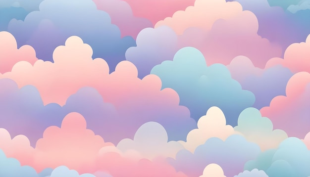 Vector seamless pattern featuring soft fluffy clouds in shades of pink blue and white creating a dreamy and playful backdrop