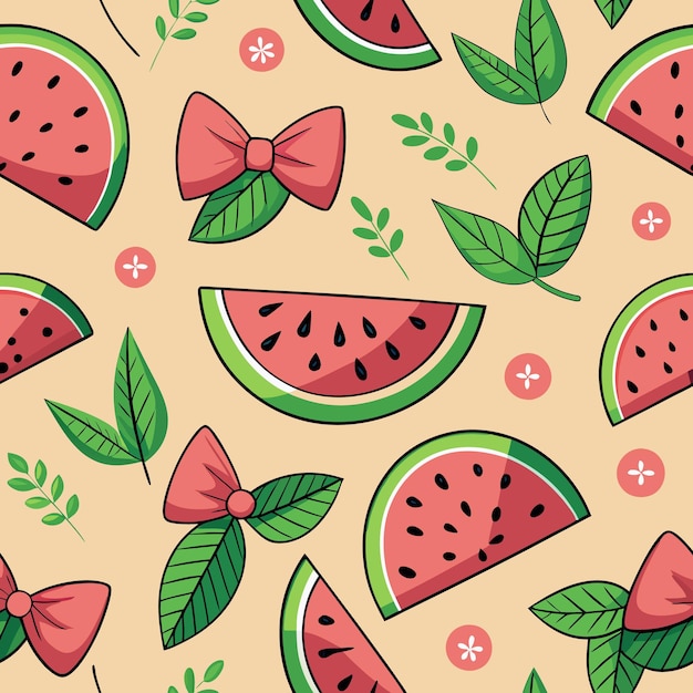 A seamless pattern featuring watermelon slices leaves and pink bows on a light orange background