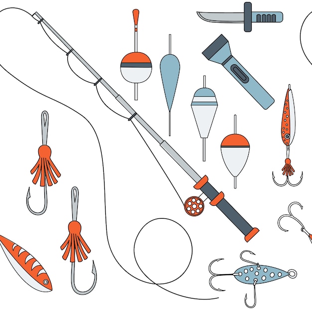 Vector seamless pattern of fishing gear hook rod bobber bucket flat vector illustration on white background