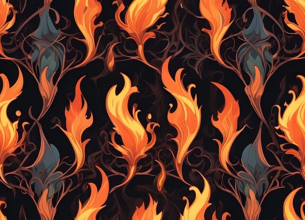 Vector seamless pattern of flames with floral motifs