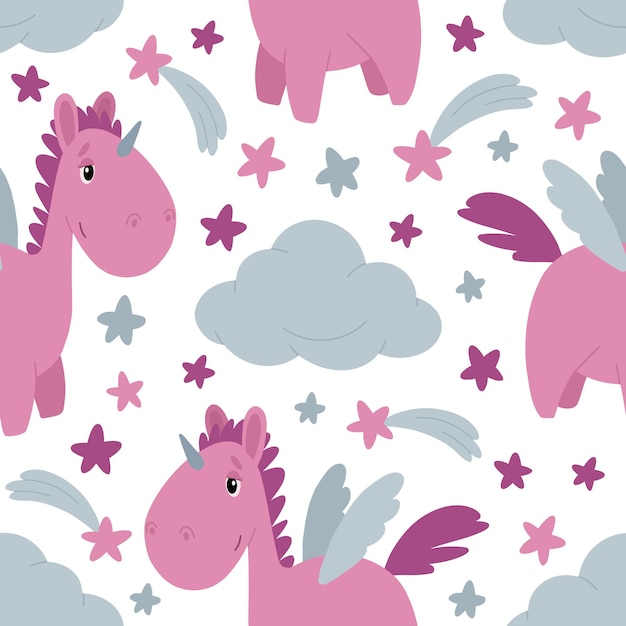 Seamless pattern of flat images with a unicorn clouds and a rainbow