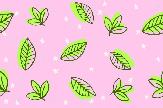 Seamless pattern floral childish textile Background with green leaves on pink background and stars for fabric wrapping paper bed linen home decor print