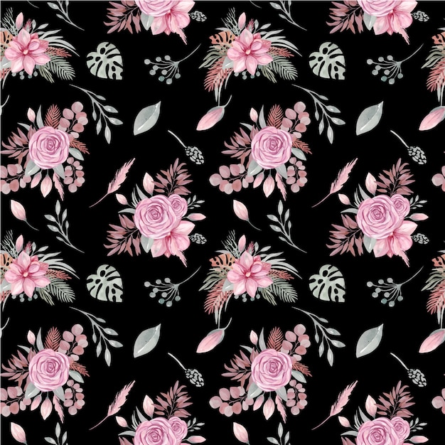 Seamless pattern of floral elements on a black background. Boho dried plants and flowers, rose, tropical leaves, eucalyptus branches, Magnolia