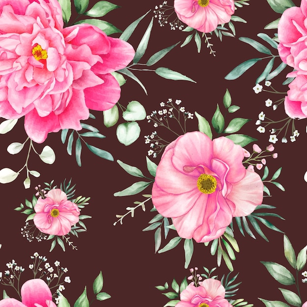 seamless pattern floral with beautiful flower and leaves watercolor