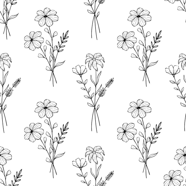 seamless pattern floral with hand drawing style. sketchy flower and branches on white background