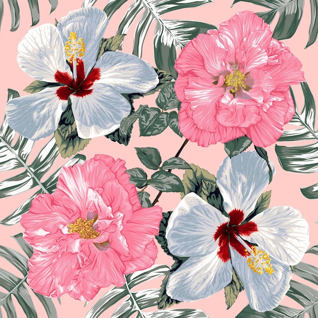 Seamless pattern floral with Hibiscus and cotton rose flowers abatract background